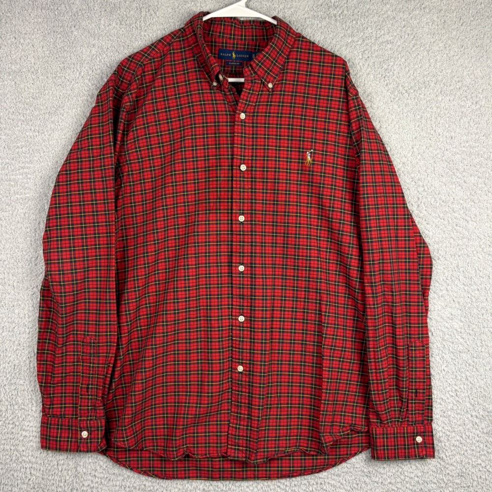 Ralph Lauren Shirt Mens XL Red Plaid Button Down Classic Fit Tartan Flesh Pony